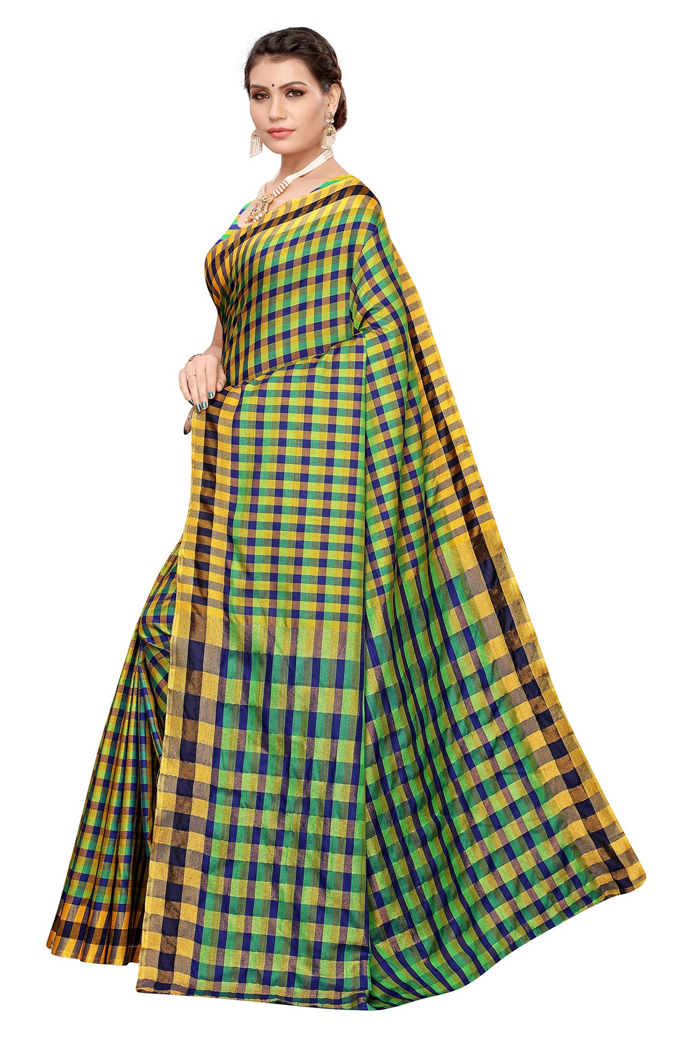 Gosriki Women'S Multicolor Cotton Blend Checks Print Saree With Blouse Piece(Stuti 12_Free Size),Multicolour,,B07WJVWKD6