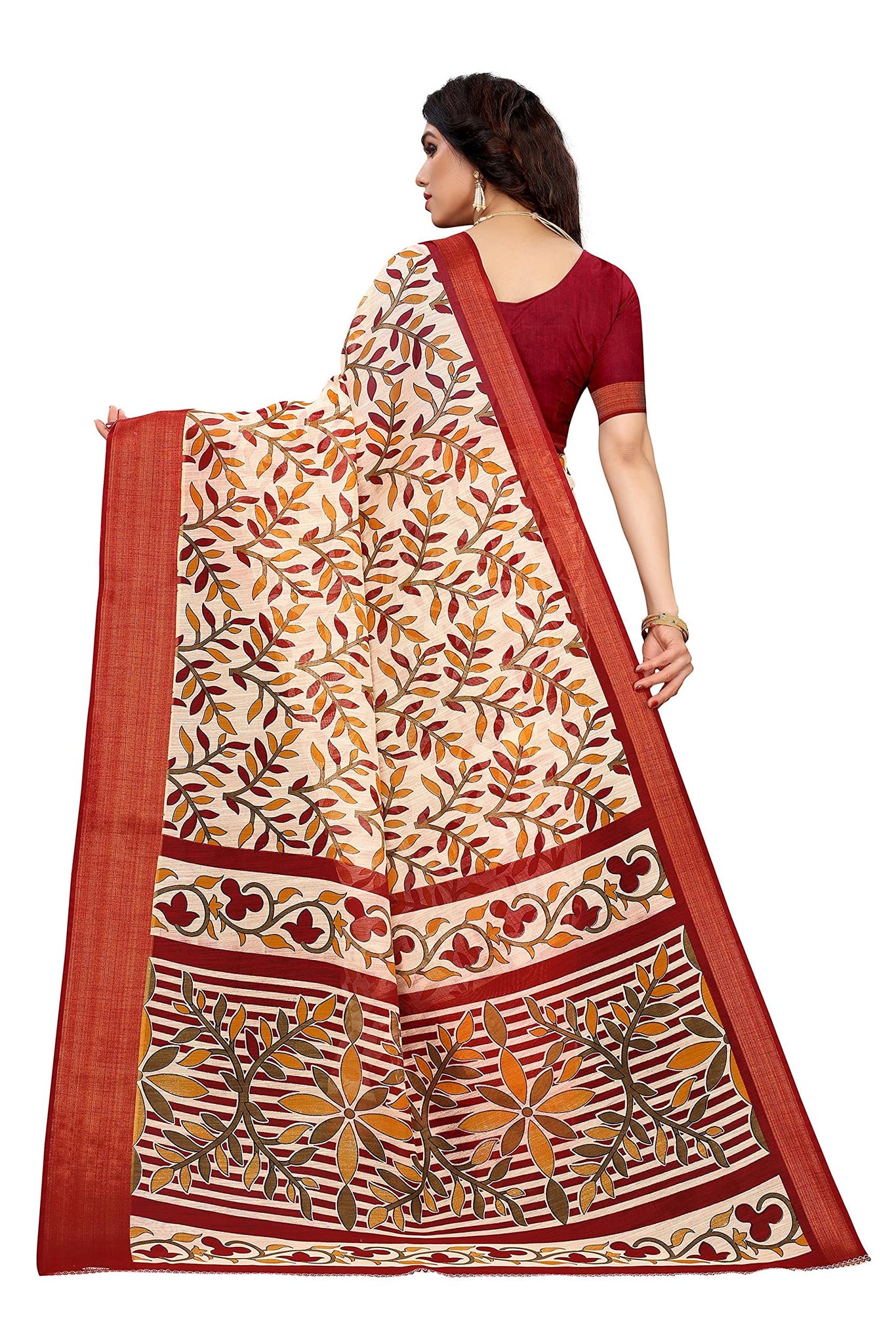 Anni Designer Women'S Linen Cotton Printed Saree With Blouse Piece (Parthi Maroon_Maroon),Maroon,Free,Linen,Printed,With Blouse Piece