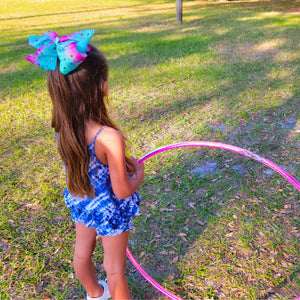 Jumbo Rhinestone Hair Bow - Cheer Bows for Girls, Toddlers, Pink and Blue Ribbon Fashion Accessories (Aqua Pink/Rhinestone)