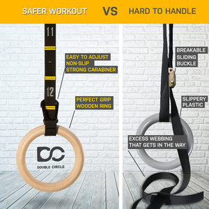 Double Circle Wood Gymnastic Rings 1.25 Inch, with Quick Adjust Numbered Straps and Exercise Videos Guide for Full Body Workout,