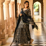 Anni Designer Women'S Rayon Blend Straight Printed Kurta With Sharara & Dupatta (Niranjana Black_L_Black_Large),Black,L,Rayon Blend,Regular,