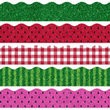 Whaline 69Ft Watermelon Bulletin Board Border Glitter Pink Red Green Watermelon Adhesive Border Trim for Summer Classroom Chalkb