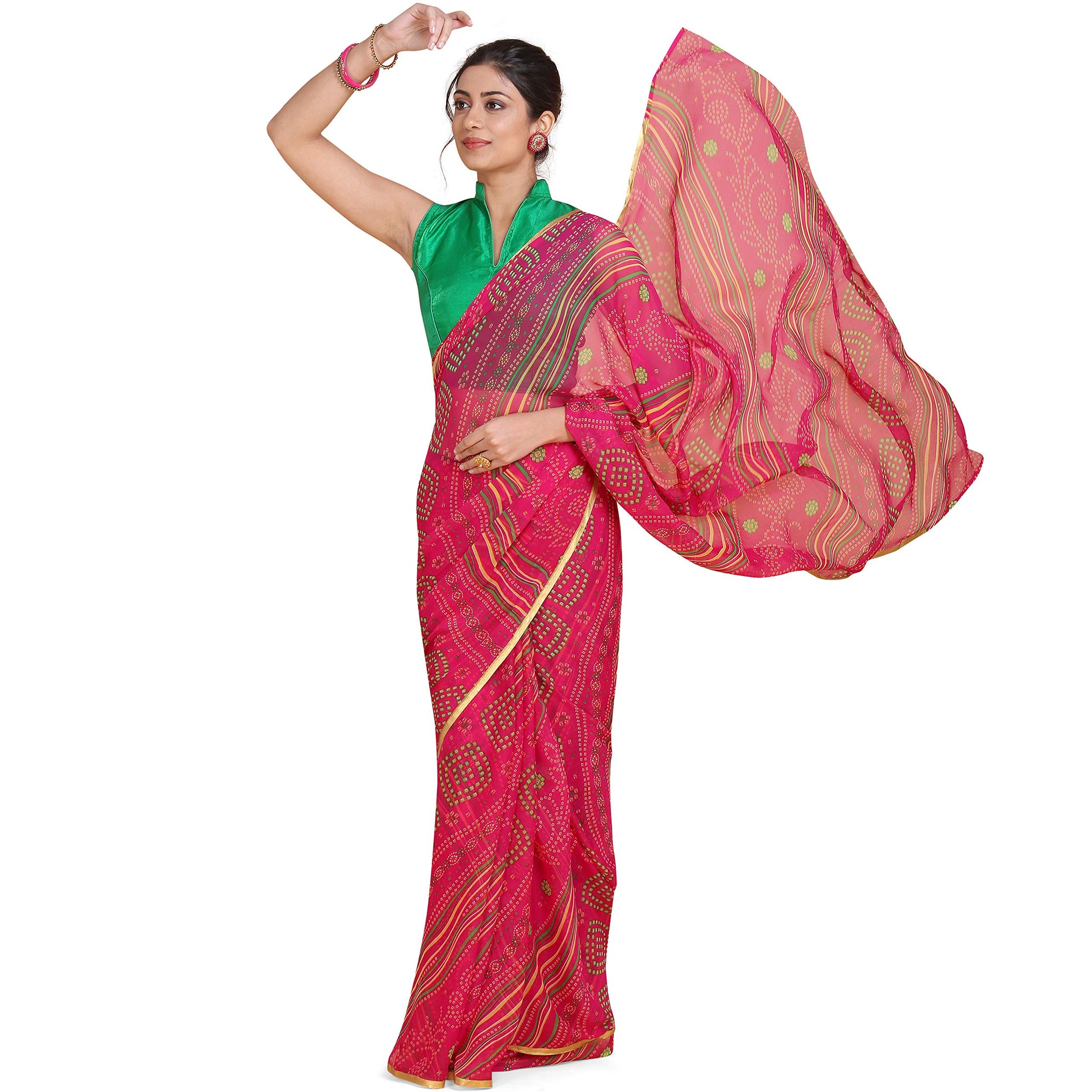 Anni Designer Pink Saree For Women'S Chiffon Fabric,Yellow,Free