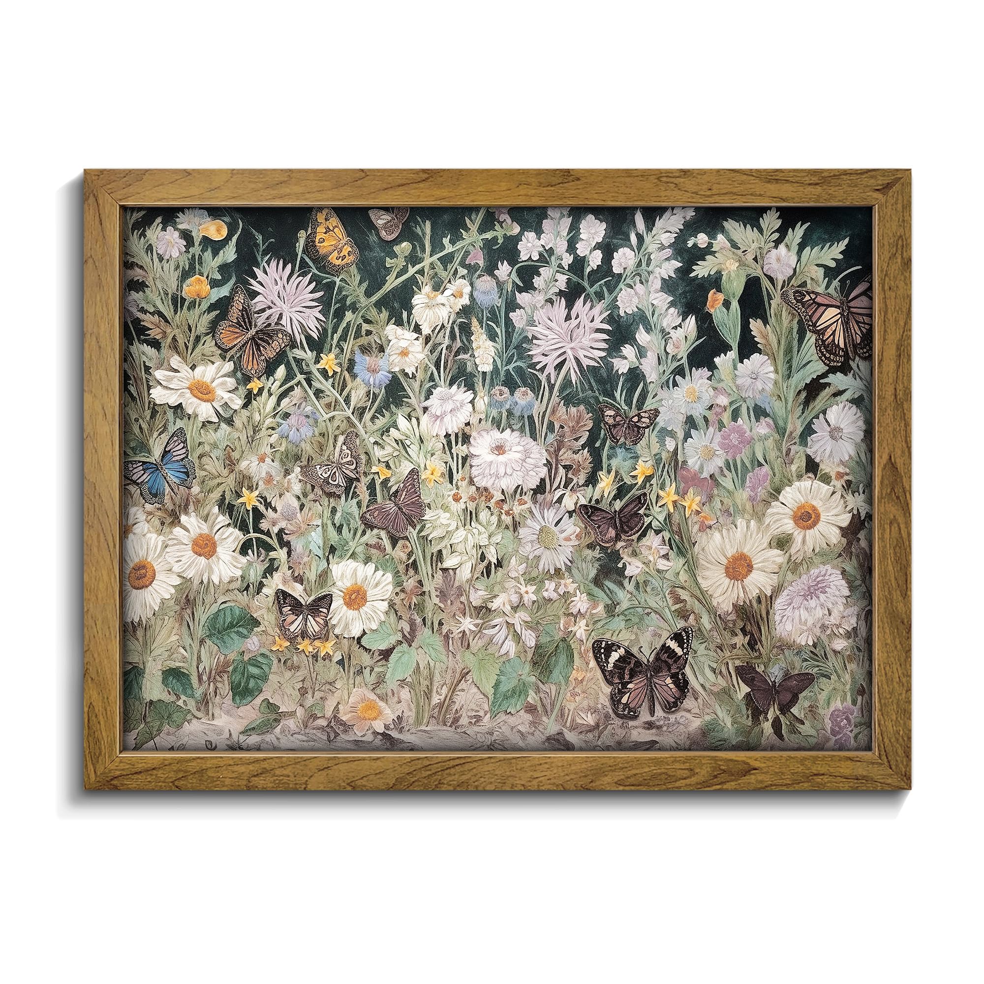 BANMU Wildflowers Butterfly Garden Painting - Spring Dark Botanical Wall Art, Jewel Toned Floral Painting for Bedroom decor, liv