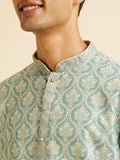 Manyavar Men'S Cotton Blend Printed|Embroidered Kurta Pyjama Set (Green,Xl)