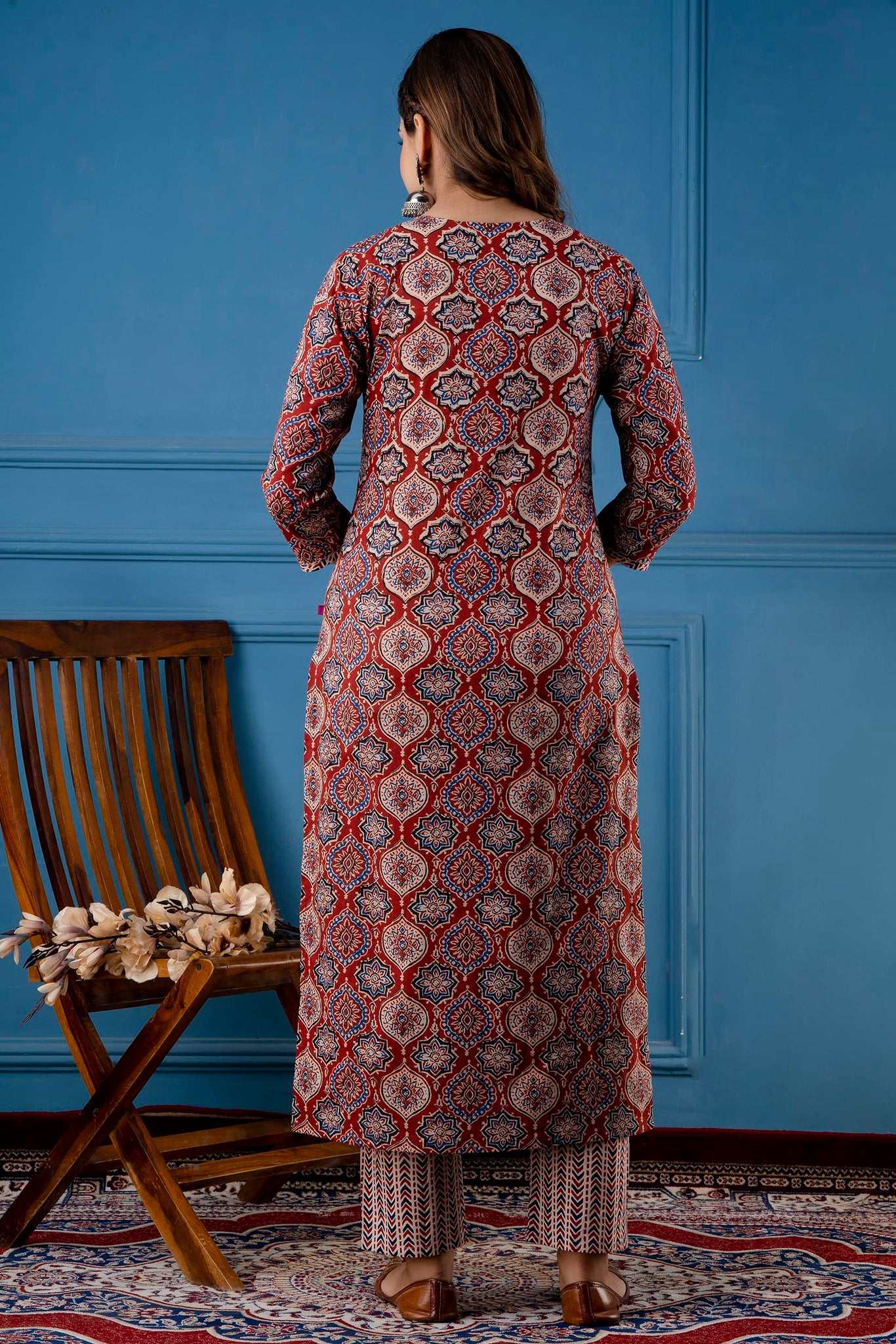 Anni Designer Women'S Cotton Blend Traditional Straight Printed Kurta And Pant Set (Priyani Red Nw_M_Red_Medium),Red,M,Cotton Blend,Regular,Kurta