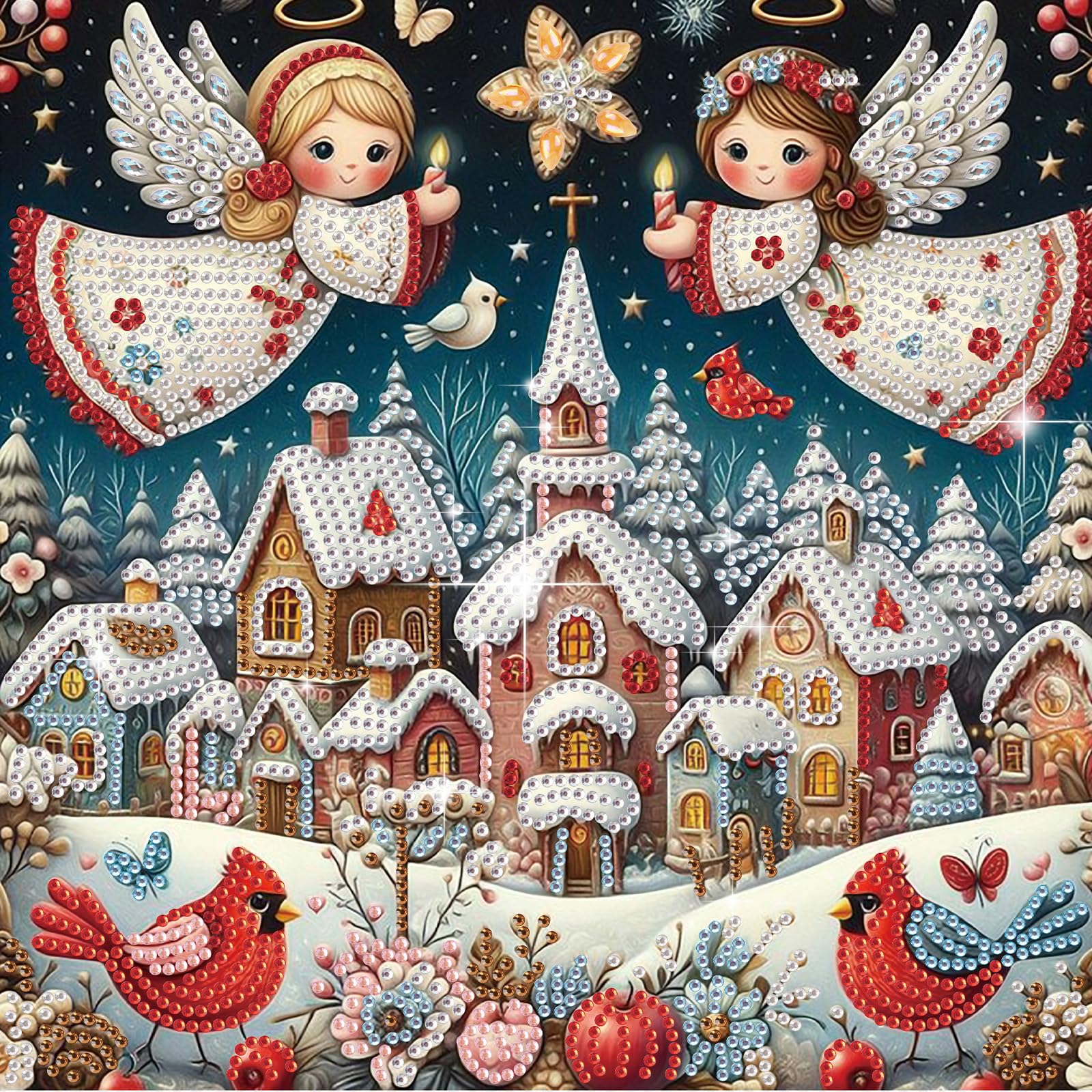 antor Diamond Painting Christmas Angels Protecting Snow Village with Red Robins, 5D DIY Special Shaped Diamond Art Kit for Adult