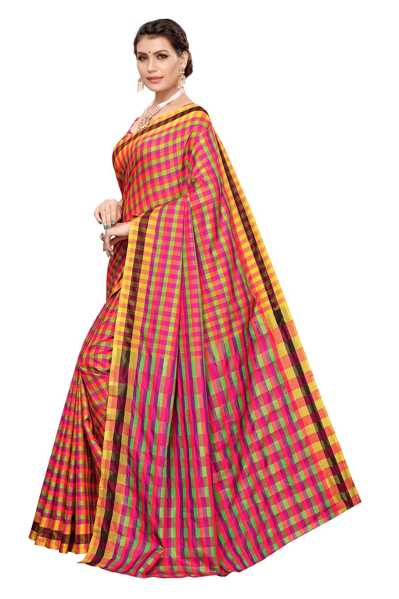 Gosriki Women'S Multicolor Cotton Blend Checks Print Saree With Blouse Piece(Stuti 20_Free Size),Multicolour,,B07WHQ7963