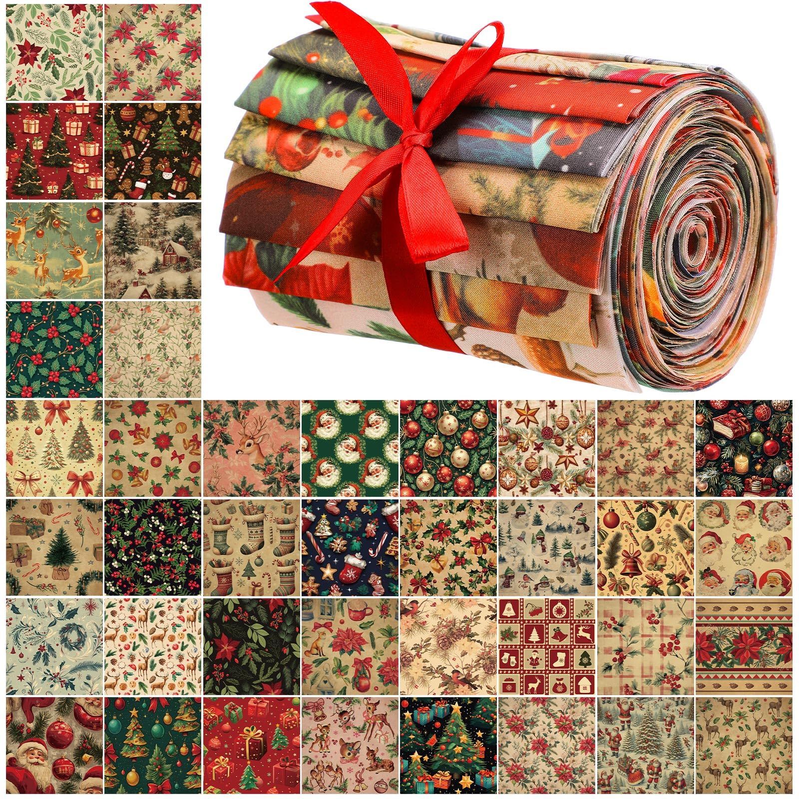 Peryiter 80 Pcs 10x10 Inch Vintage Christmas Fabric Squares Rustic Christmas Fabric Fat Quarters Quilting Bundles Material Retro