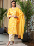 Libas Womens Printed Cotton Blend Straight Kurta With Palazzos And Dupatta Yellow 2Xl