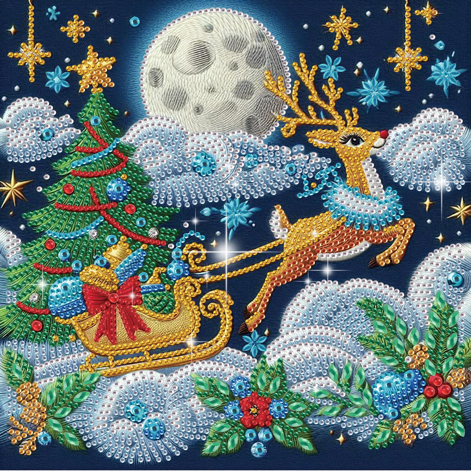 antor Christmas Diamond Painting Kit, 5D Special Shape Diamond Art for Adults, Reindeer Pulling Sleigh at Night DIY Crystal Rhin