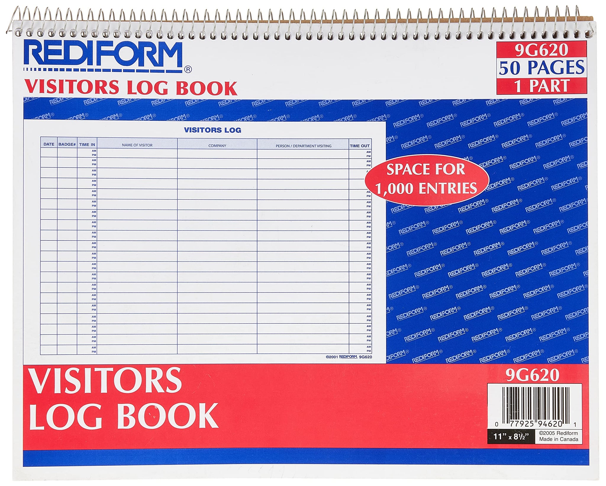 Rediform Visitors Log Book, Wirebound, White, 11 x 8.5 Inches, 50 Pages (9G620)