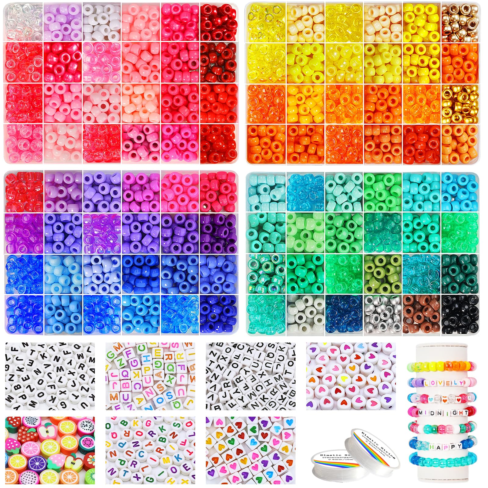 Redtwo 96 Colors Pony Beads for Bracelet Making Kit, Rainbow Kandi Beads Bulk Hair Bead Friendship Bracelet Kit, Craft Gifts Set
