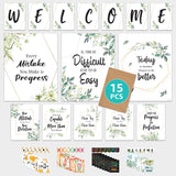 Decorably 15 Eucalyptus Welcome Sign for Classroom, Inspirational, Matte-Laminated Posters - for School, Hallways, Bulletin Boar