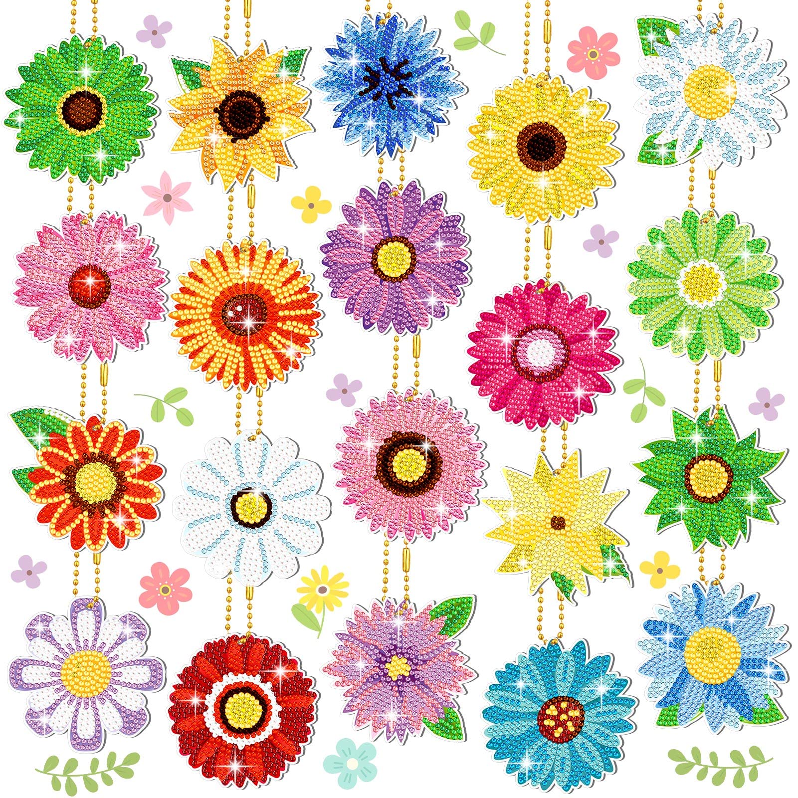 FairySandy 20 Pcs Flowers Diamond Painting Key Chains Daisy Diamond Art Keychains Kits for Adults Sunflower 5D Rhinestones Hangi