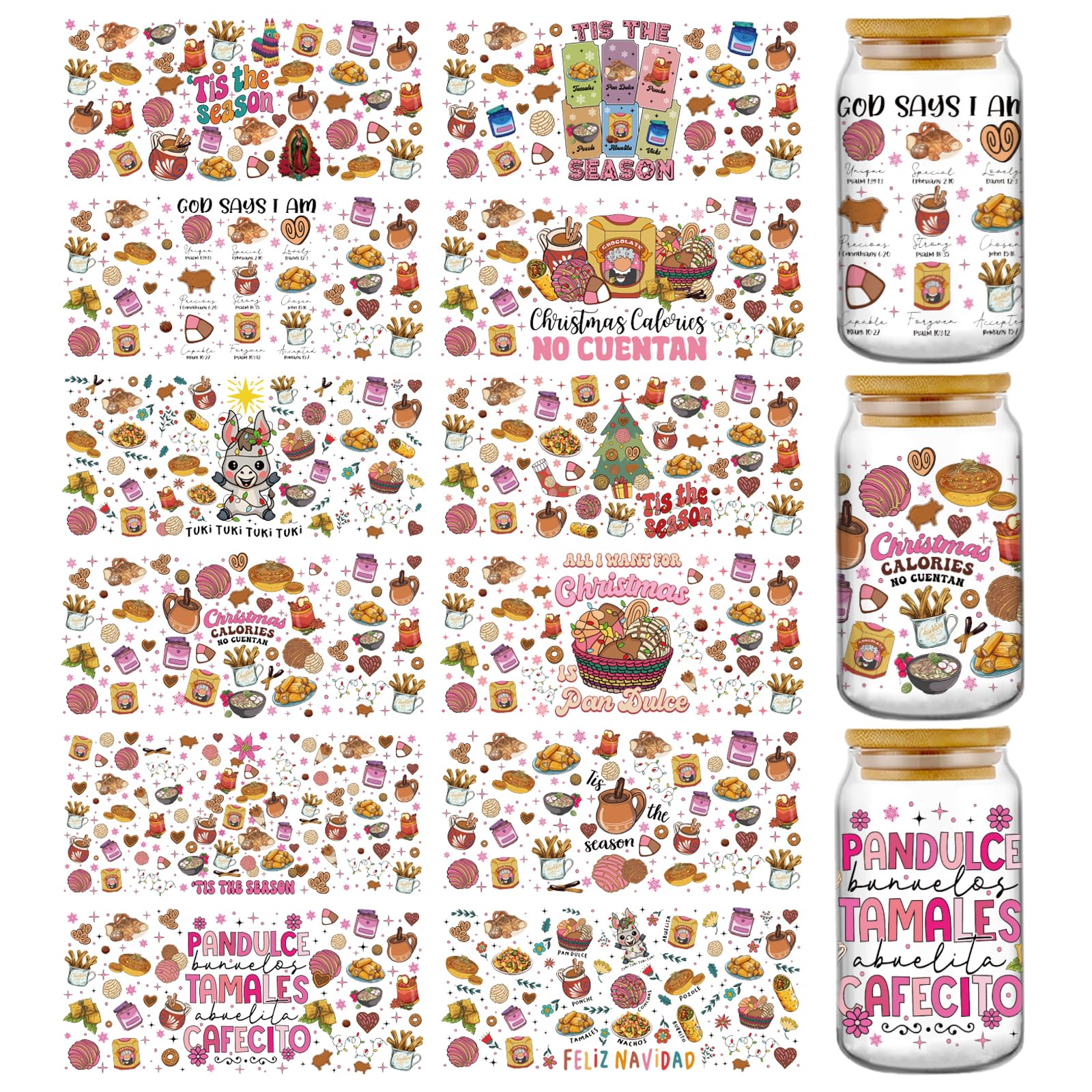Christmas UV DTF Stickers- 12 Sheets Tis the Season Spanish UV DTF Tumbler Wraps for 16 oz Glass, Pink Coffee Turkey Bread Cold 