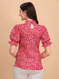 Wedani Women'S Casual Puff Sleeves Ruffled Collor Foral Top (Large Dark Pink),Dark Pink,L,Polyester,Regular,
