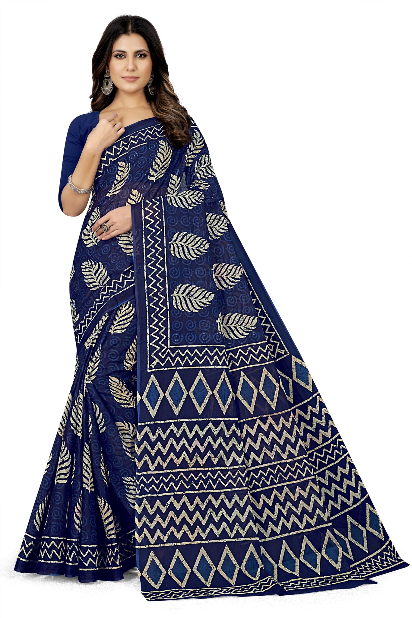 TAMAIRA FASHION Women's Batik Printed Pure Cotton Saree Without Blouse Piece(2458_Indigo)