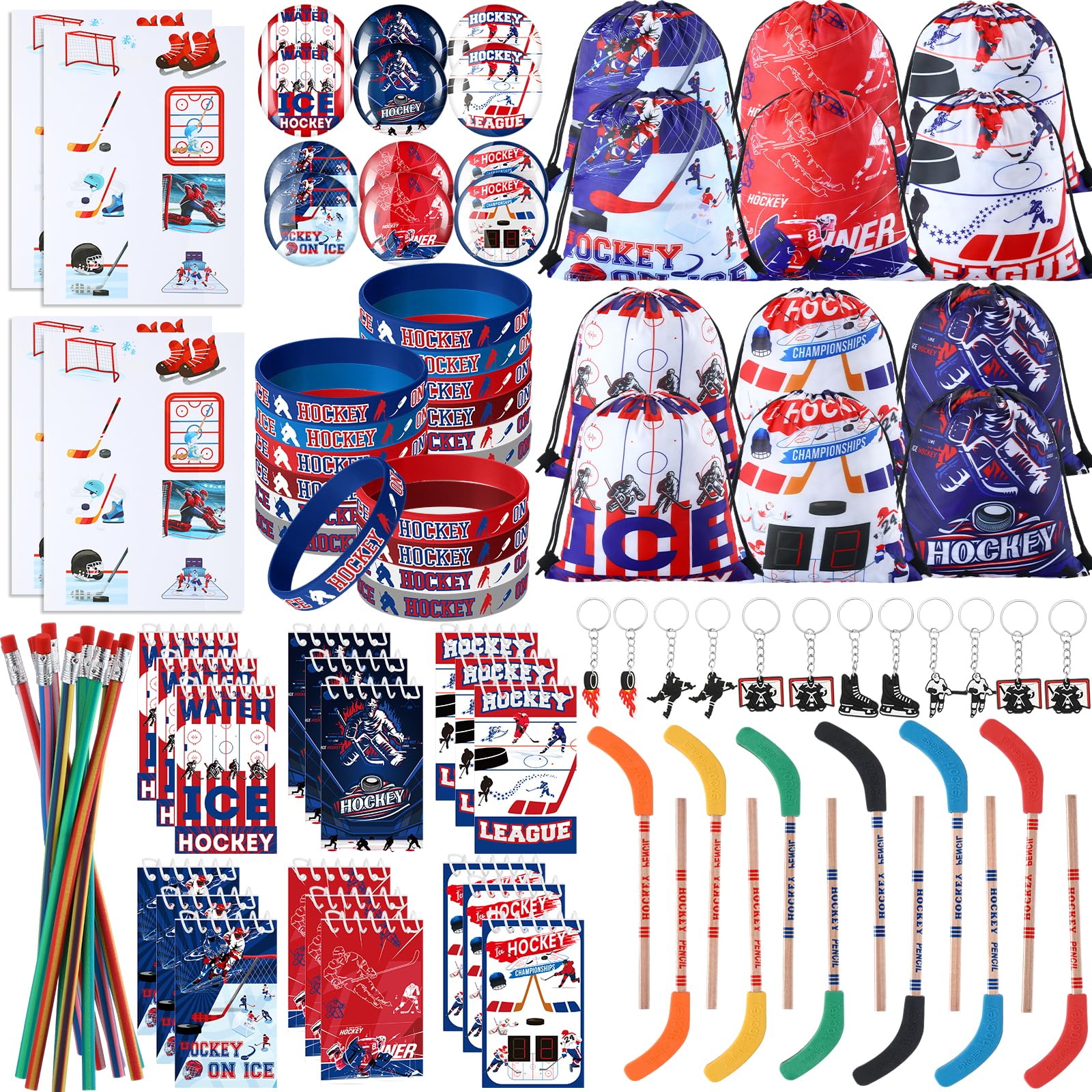 Paterr 102 Pcs Hockey Party Favor Supplies Set Include Hockey Drawstring Bags Silicone Bracelets Badge Buttons Spiral Notebooks 