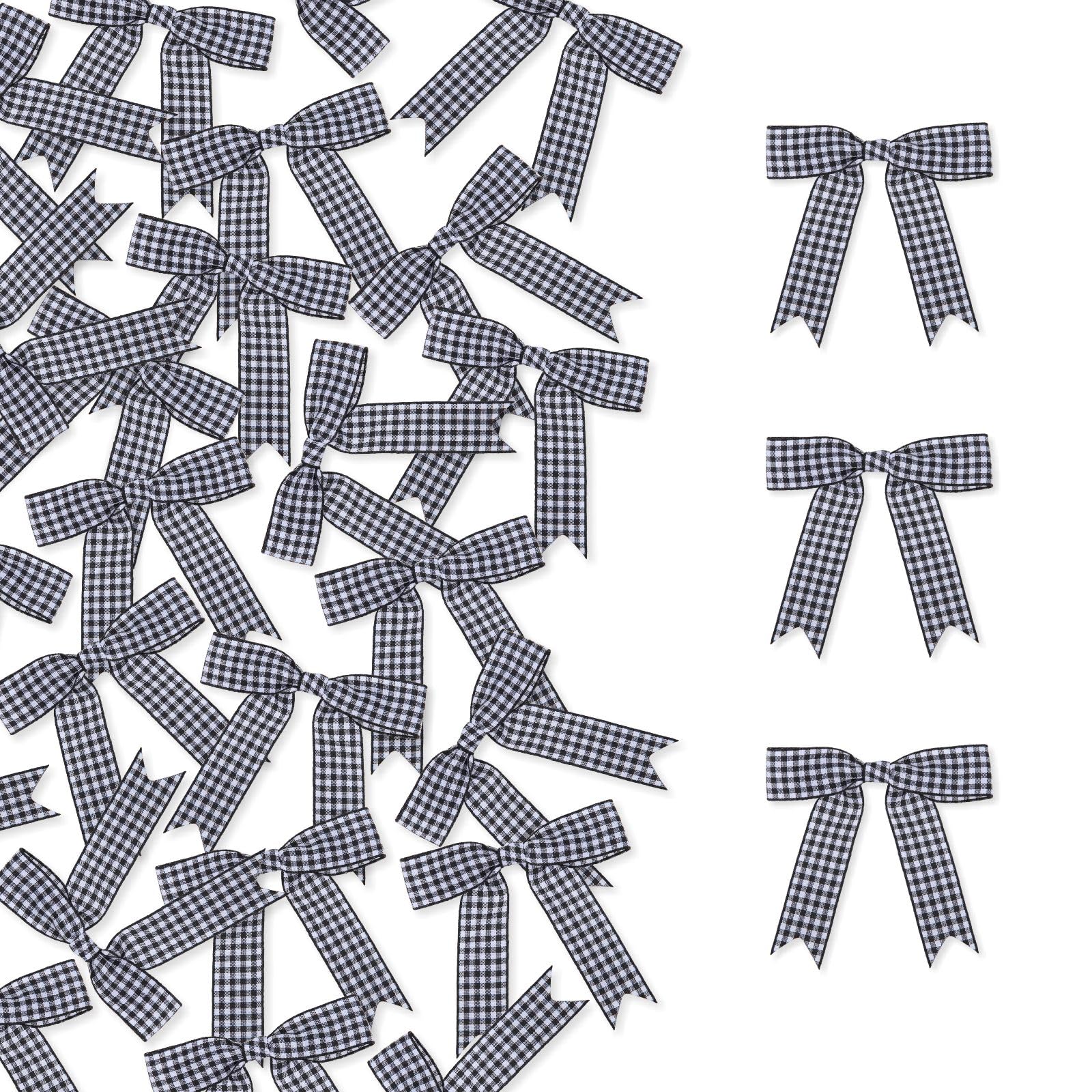 Meseey 50 Pcs Gingham Ribbon Bows 2.5 Inch Buffalo Plaid Premade Twist Tie Bows for Gift Wrapping, Wedding, Baby Shower, Birthda