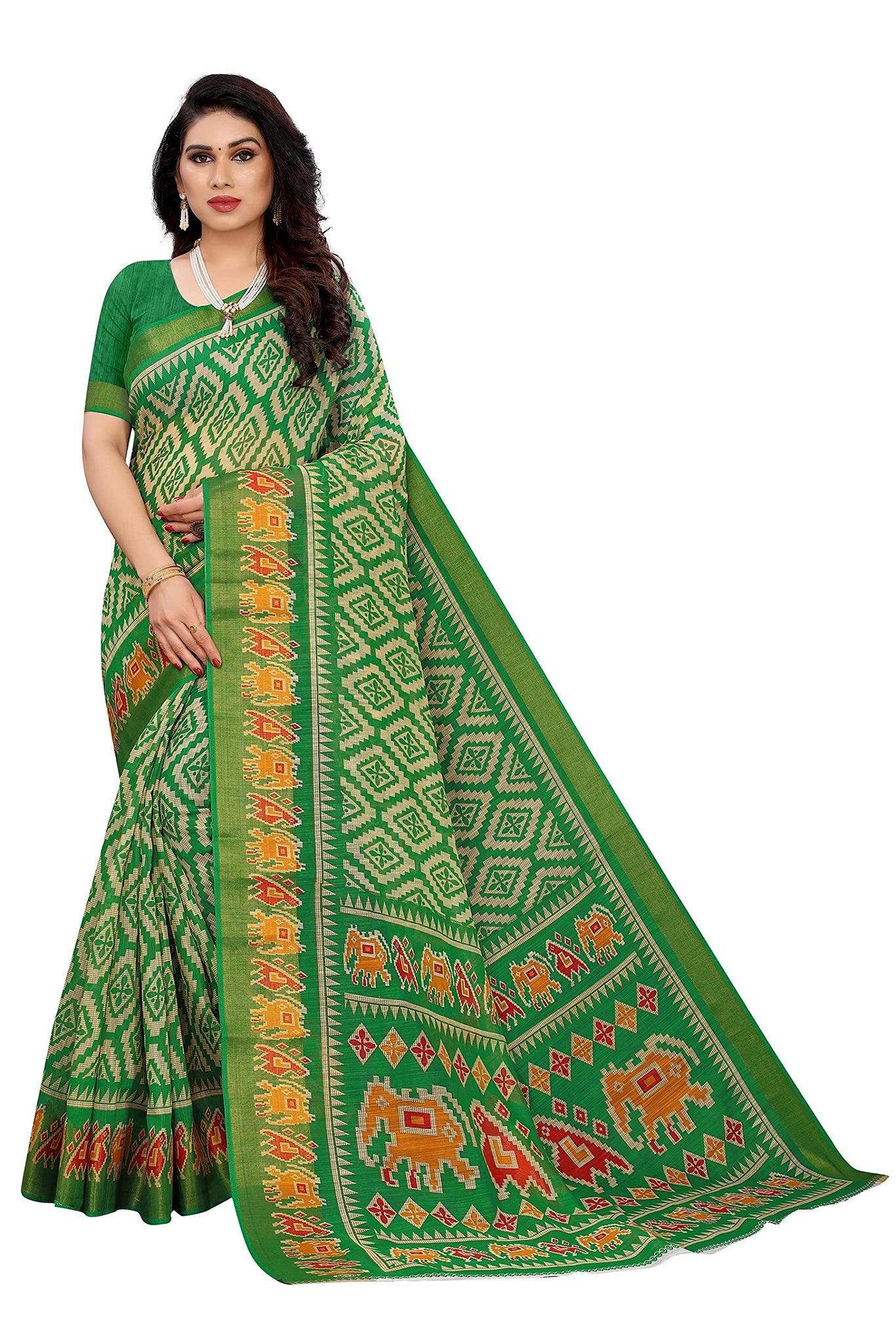 Gosriki Women'S Linen Cotton Floral Printed Saree With Blouse Piece (Lasya Green_Green),Green,,B097ZQQPW4