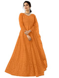 PATLANI Women Long Orange Gown, Net with Ultra Satin Inner Ethnic Flared Gown for Girl's/Women's Semi Stitched Gown (Orange)