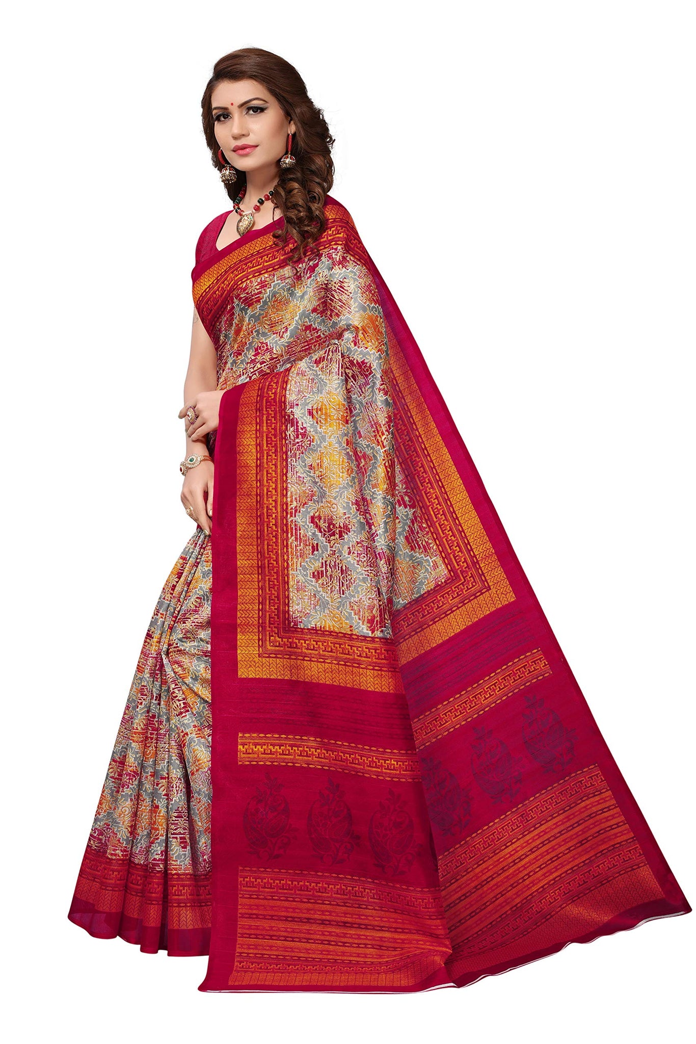 Gosriki Women'S Multi Color Bhagalpuri Silk Printed Saree With Blouse Piece(Multi_Free Size),Multicoloured,,B07HGYV676