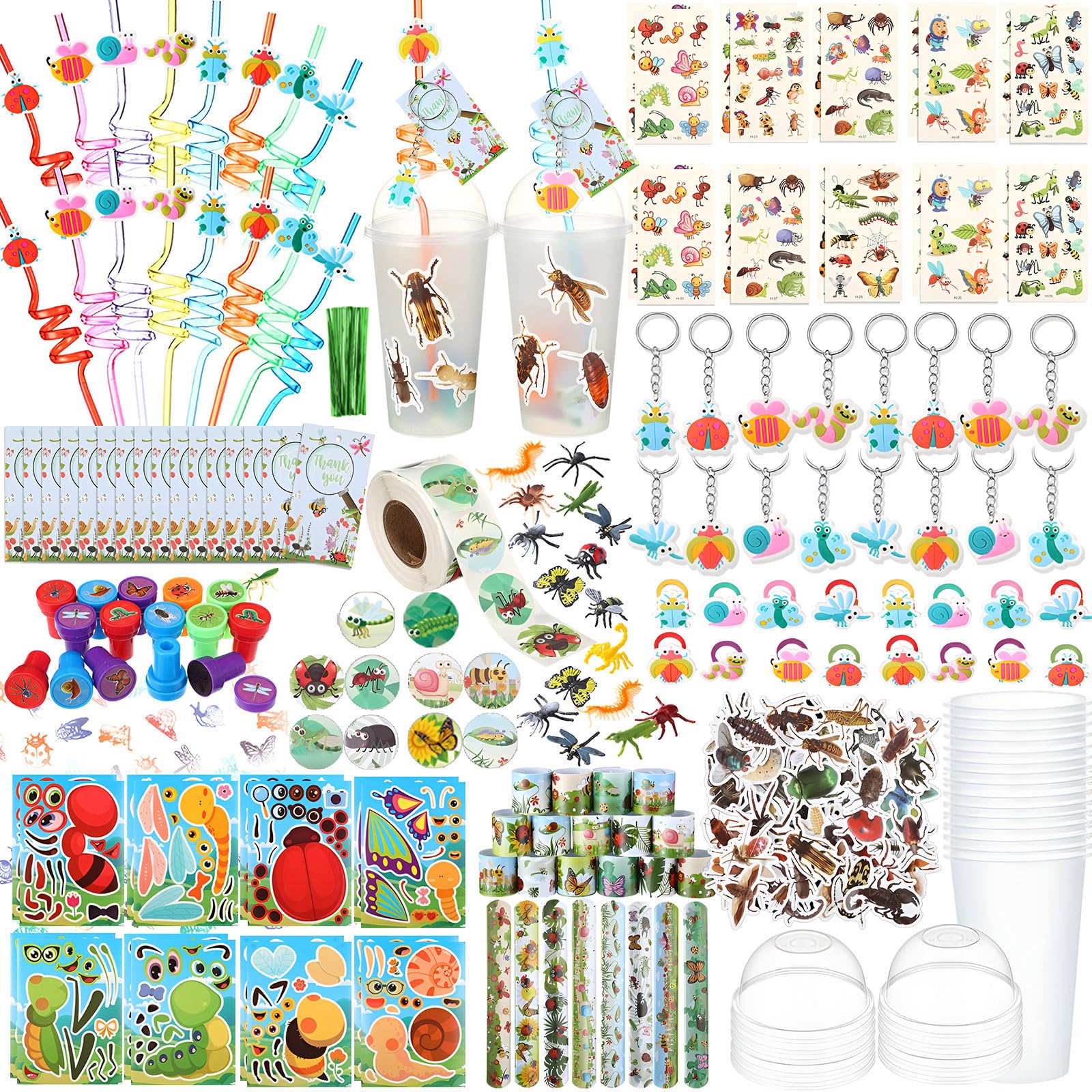 Poen 172 Pcs Insects Party Favors Bugs Birthday Party Favors Include Cup Straw Stamp Clap Bracelet Keychain Ring Puzzle Sticker 