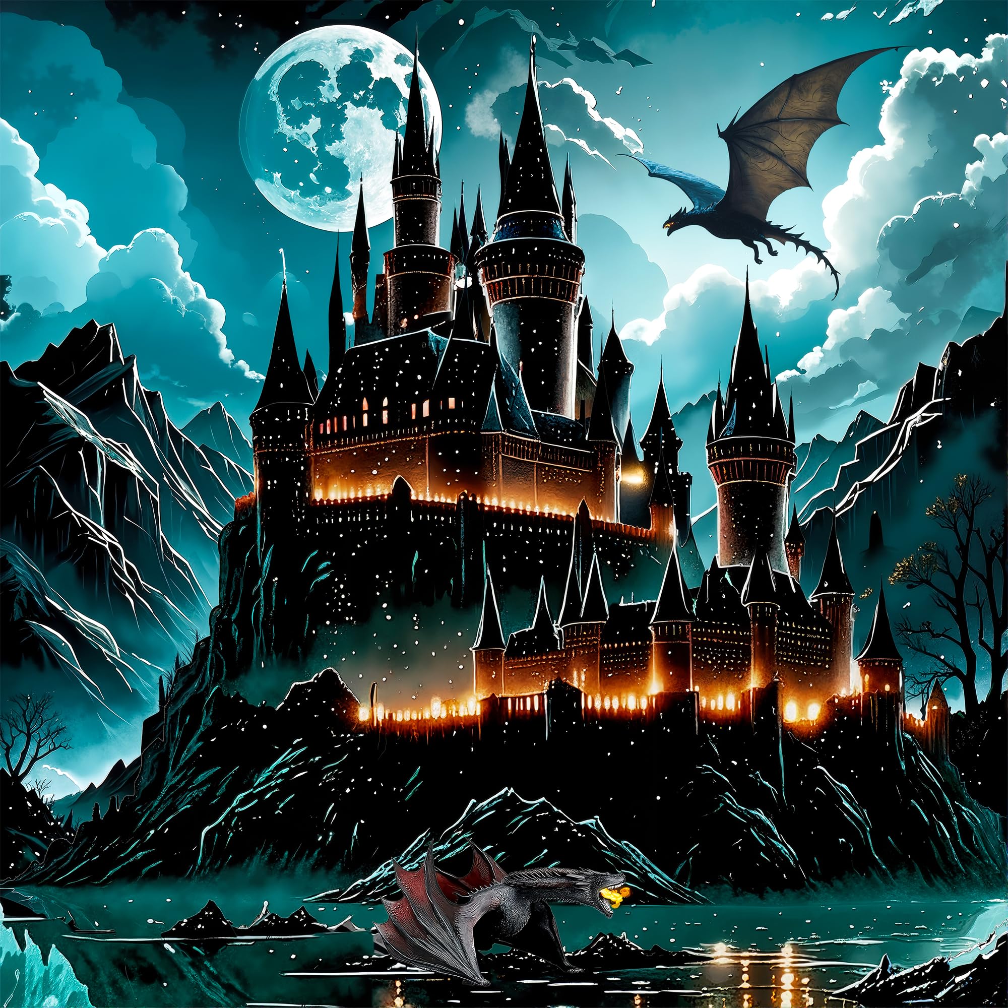 Apostle Black Castle and Dragon Diamond Art Kits for Adults, 5D Diamond Painting Kits for Beginners, DIY Full Drill Round Rhines