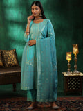 Libas Womens Woven Design Silk Blend Straight Kurta With Trousers And Dupatta Turquoise Blue 2Xl 49276