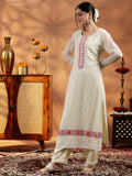 Libas Womens Embroidered Georgette Straight Kurta With Trousers And Dupatta Cream Xl