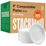 100% Compostable Paper Plates 9 Inch [500 Count] Heavy-Duty Dinner Plates - Natural White Color Unbleached Bagasse - Eco-Friendl
