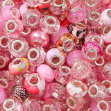 BERMRO 100pcs Large European Hole Beads Pink Round Iridescent Acrylic Bead Fairy Wand Garden Beads for DIY Crafting Necklace Bra