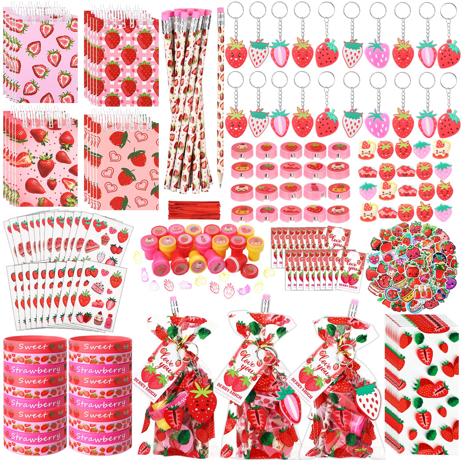 Sayglossy 251 Pcs Strawberry Party Favors Set Includes Gift Bags Pencils Notebook Sharpener Slap Bracelets Rings Keychains Tatto