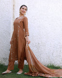 Anni Designer Women'S Rayon Viscose Embroidered Straight Kurta With Pant & Dupatta (Kintu Coffee_L_Brown_Large),Brown,L,,,