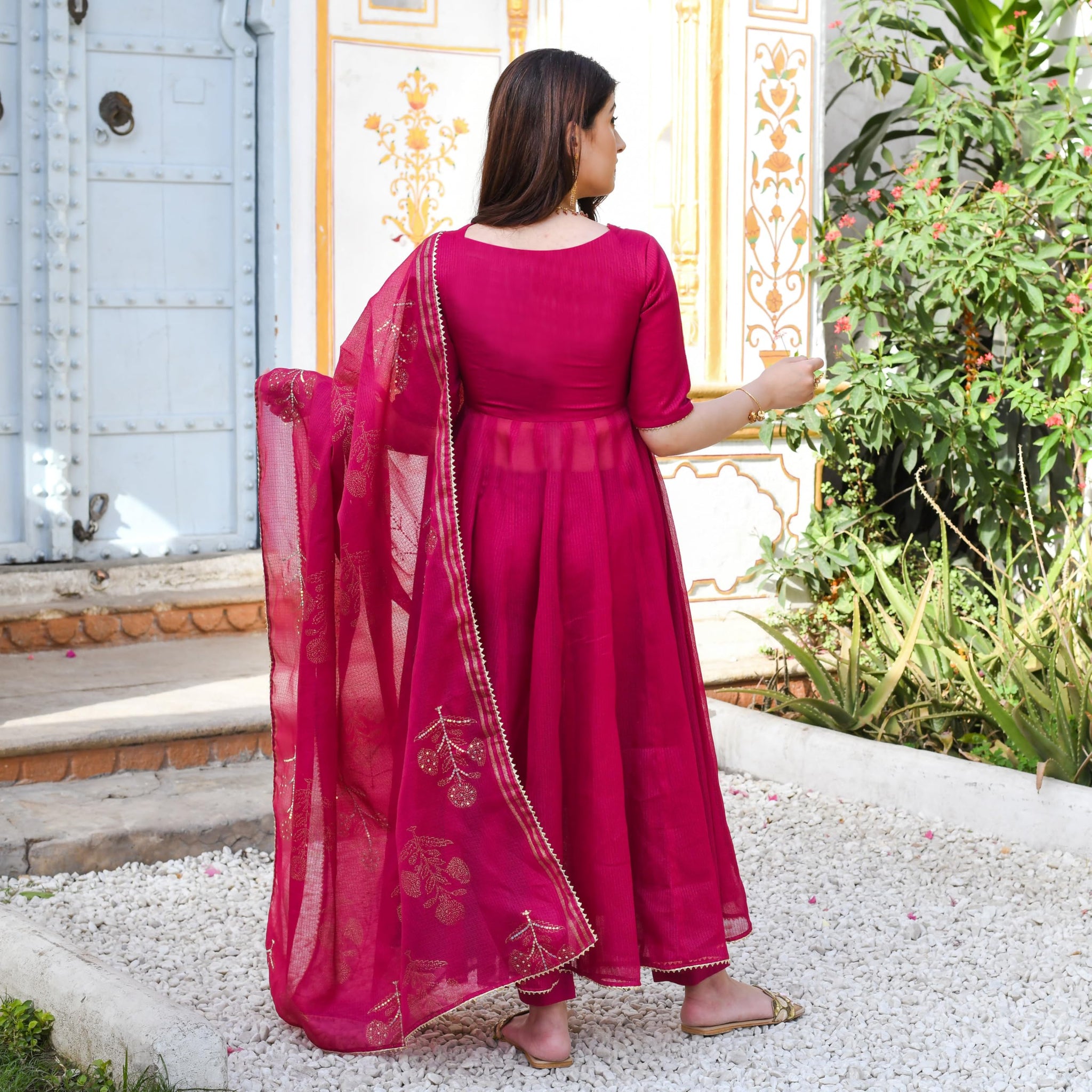 Anni Designer Women'S Rayon Blend Anarkali Embroidered Kurta With Pant & Dupatta (Aparnaa Pink_M_Pink_Medium),Pink,M,Rayon Blend,Anarkali,