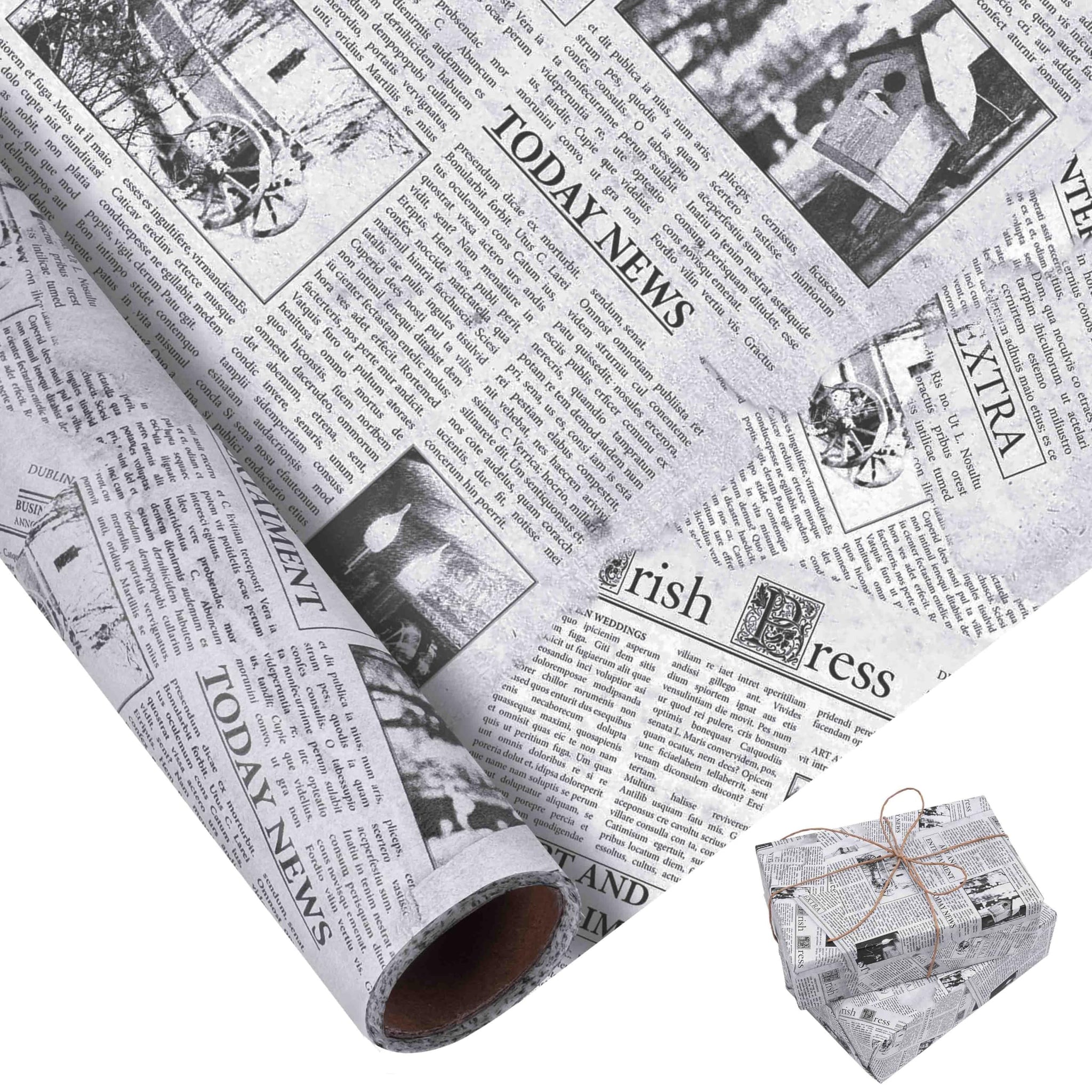 Larcenciel Vintage Newspaper Tissue Paper Roll | 17x33, Black White Old News Print Wrapping Tissue Paper for Gift Bags, Gift Wr