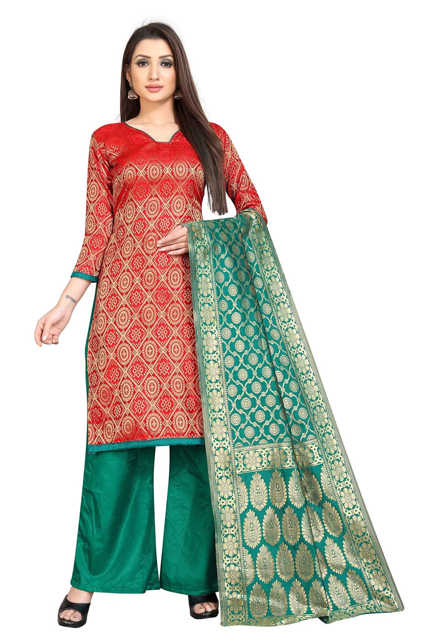 Anni Designer Women'S Red Color Banarasi Embellished Unstitched Salwer Suit (Zeenat Red_Free Size),Red,free