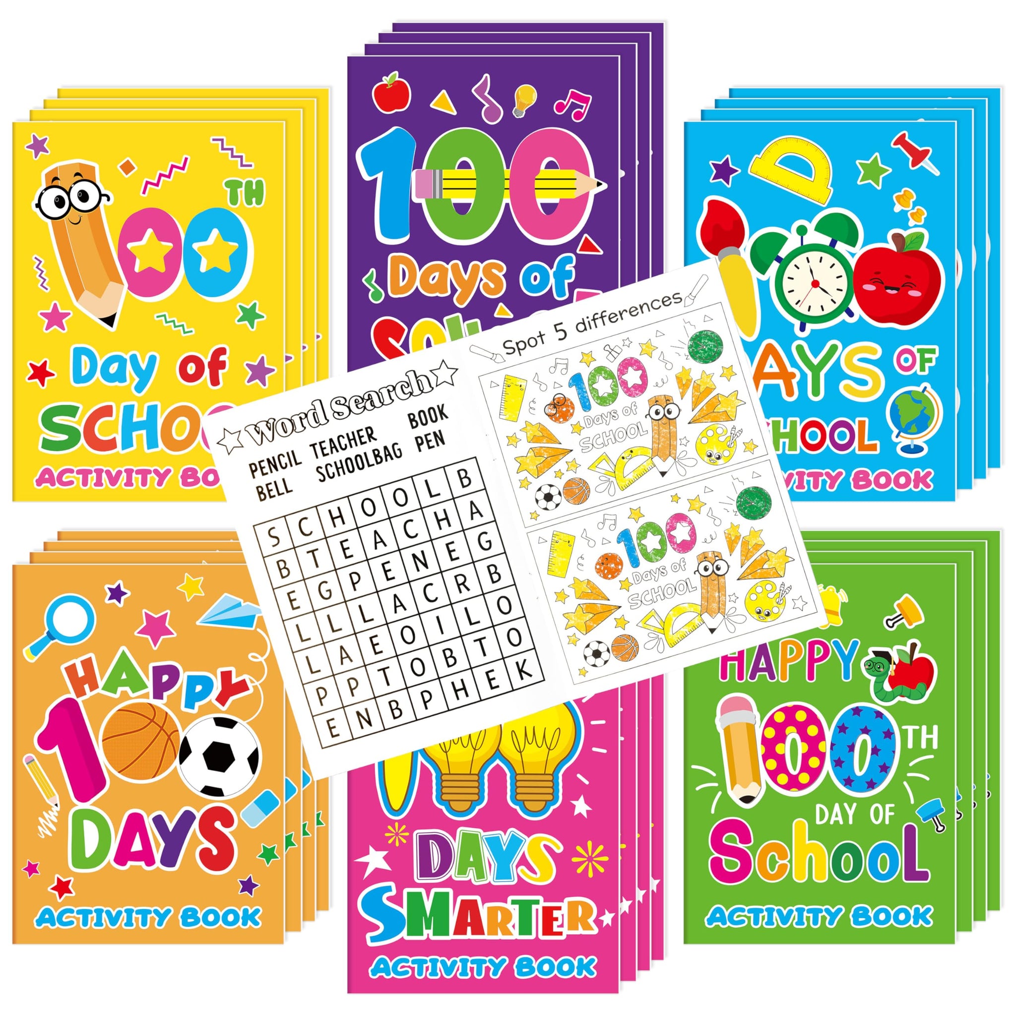 100th Day of School Activity Books for Kids - 24Pcs Happy 100 Days Mini Games Coloring Book Set Bulk Mazes Word Search Word Scra