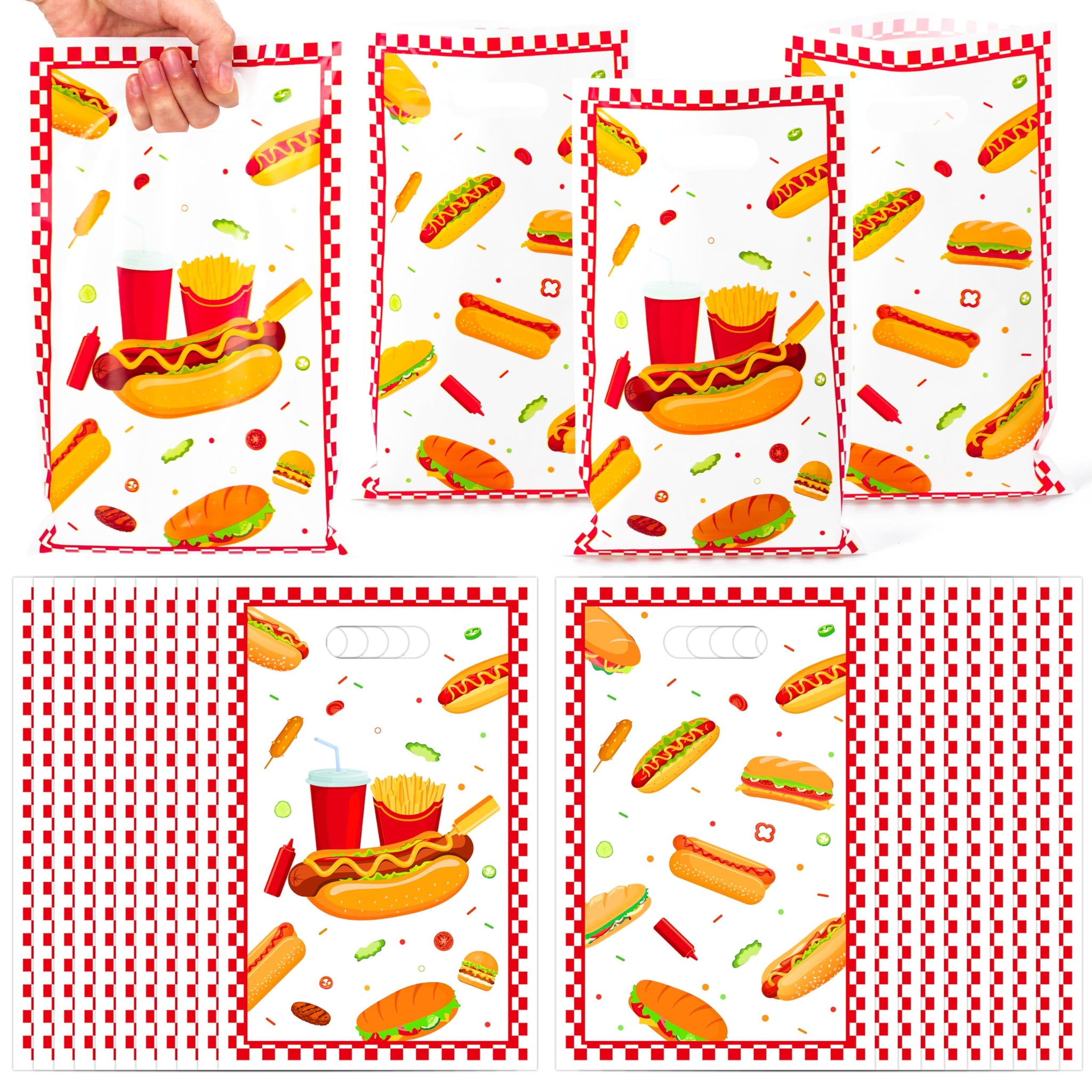 ArianQicult Hot Dog Party Favor Bag 50Pcs Delicious Food Themed Sweet Goody Candy Treat Gift Bags, Snacks Hotdog Pattern Design 