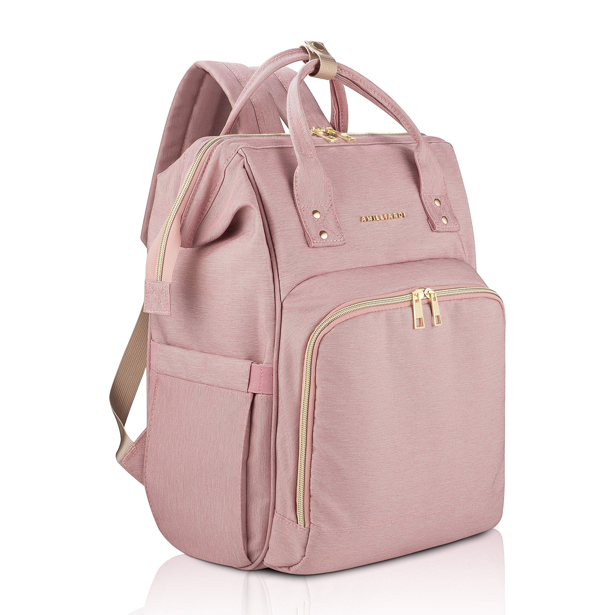 Amilliardi Diaper Bag Backpack - 6 Insulated Bottle Holders - Detachable Stroller Straps (Light Pink)