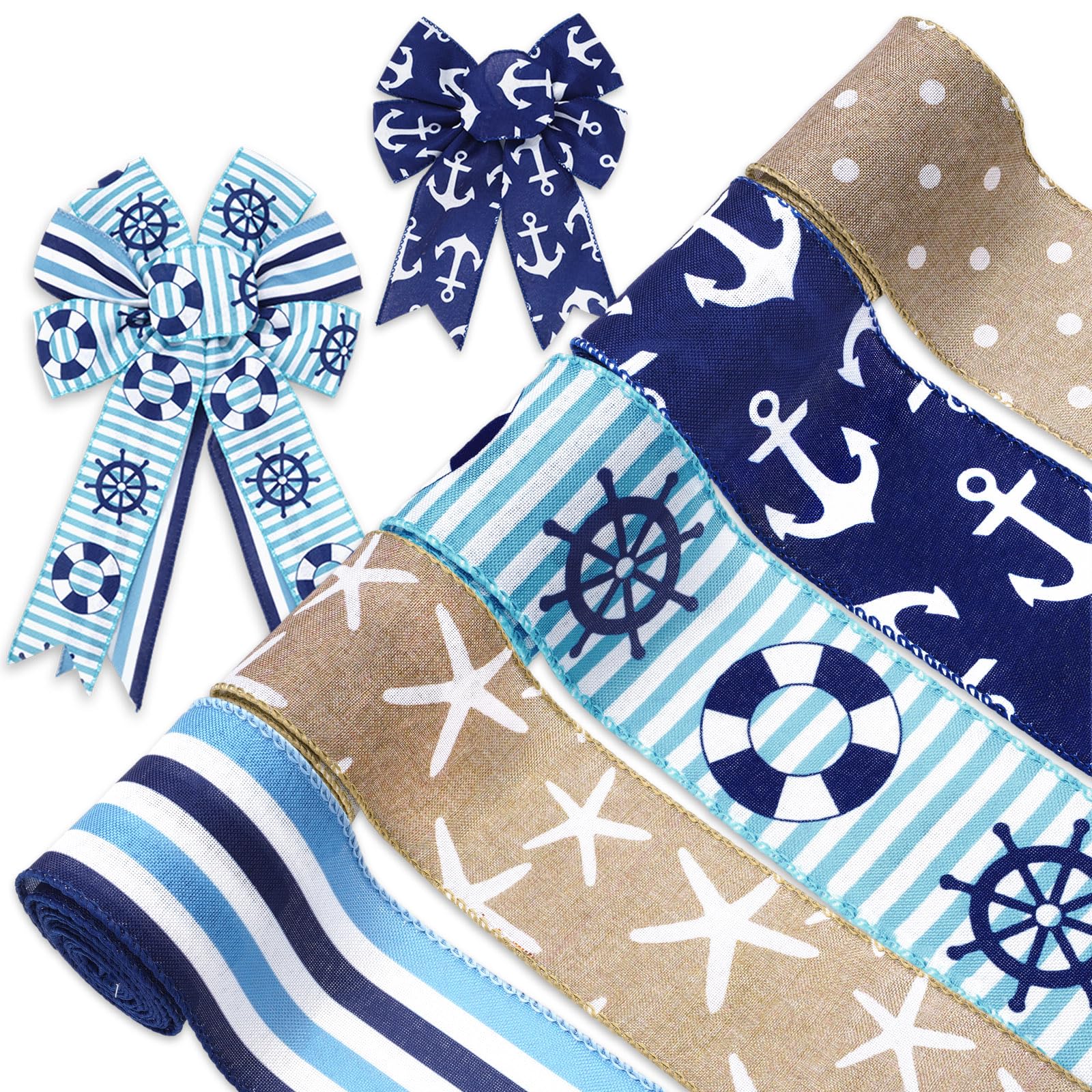 Generic 5 Rolls Nautical Wired Ribbon 2.5 Inch Navy Blue White Stripes Anchor Ribbon for Bow Wreath Craft Gift Wrap Summer Holid