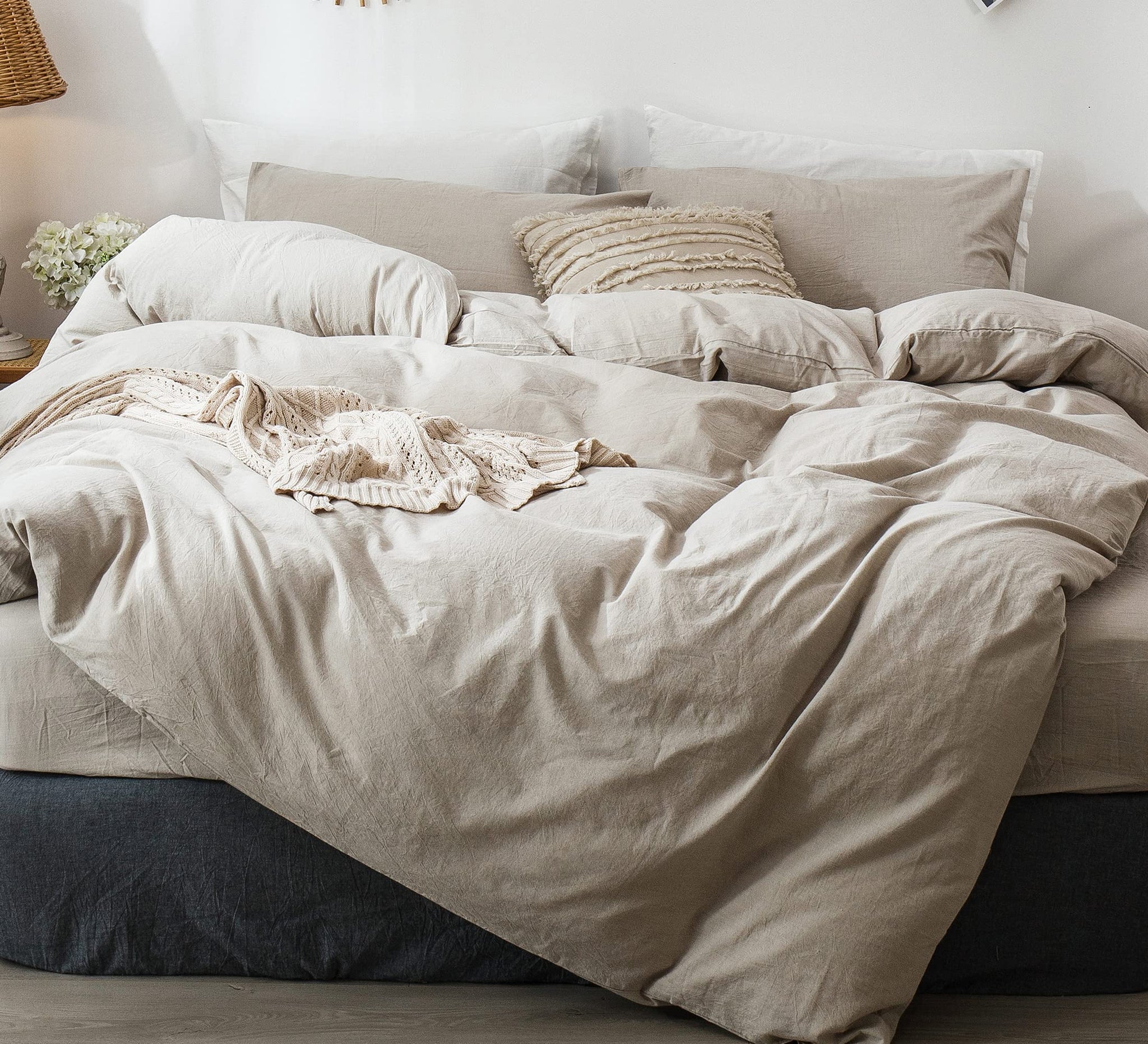 Moomee Bedding Duvet Cover Set 100% Washed Cotton Linen Like Textured Breathable Durable Soft Comfy (Tannish Linen Grey, King)