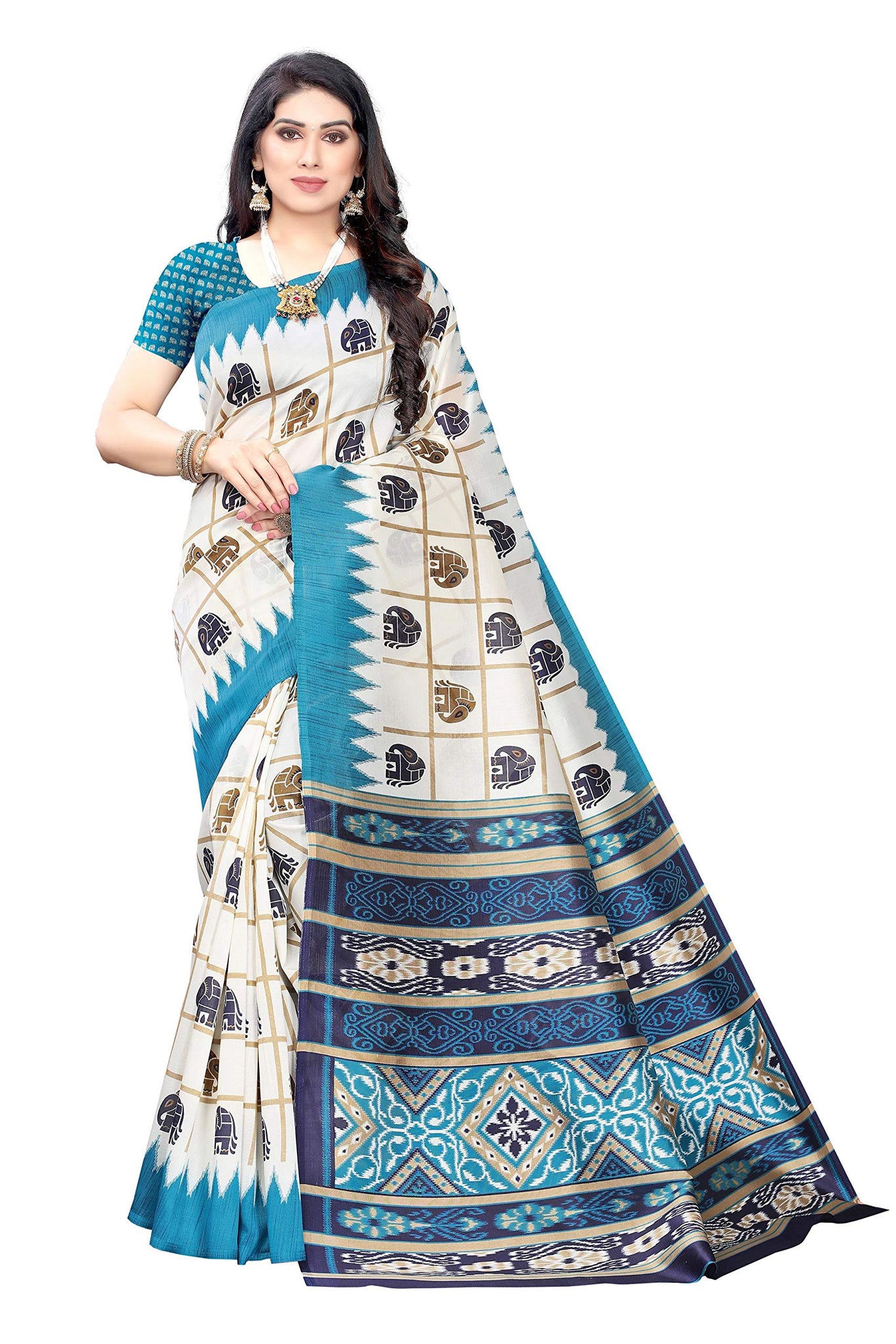 Anni Designer Women'S Blue Silk Printed Saree With Blouse (Mily Blue_Free Size),Blue,Free