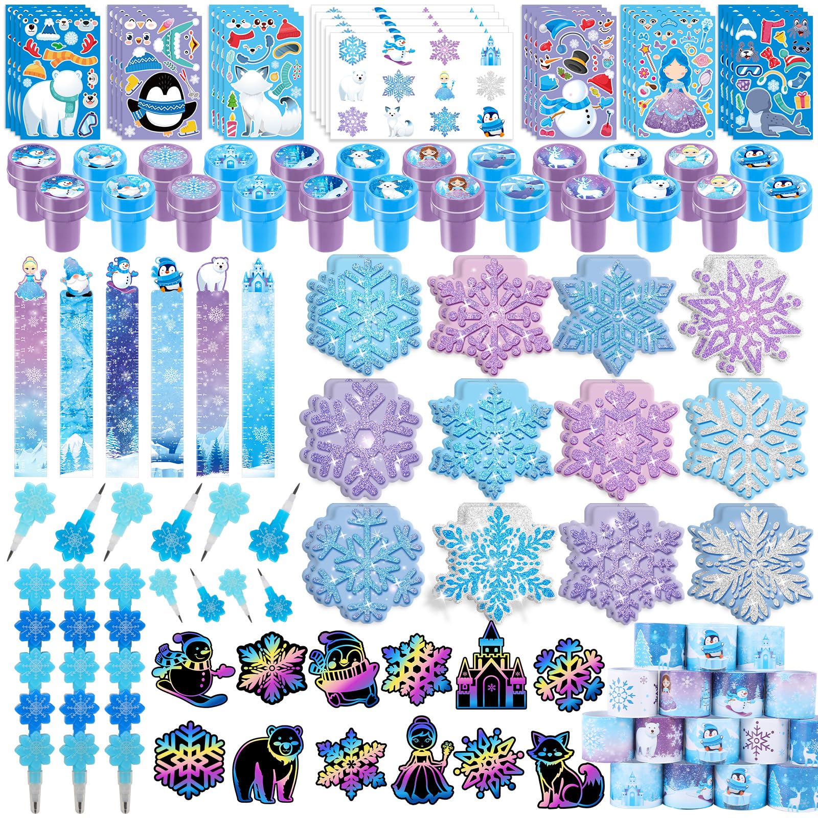 BenLouis 216Pcs Frozen School Stationery Party Favors Winter Snowflake Themed Classroom Gift Reward Prizes Bulk for Students Kid