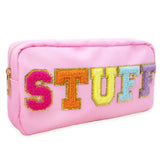 Fablinks Preppy Stuff Bag, Chenille Varsity Letter Makeup Pouch, Pink Nylon Skin Care Zipper Patch Bags Organizer for Women, Tra