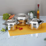 Sumeet Smart Serve Stainless Steel Double Wall Insulated Small Hot Pot/Hot Meal Box/Casserole Combo of 3Pc, 1L, 1.5L & 2.5L, Sil