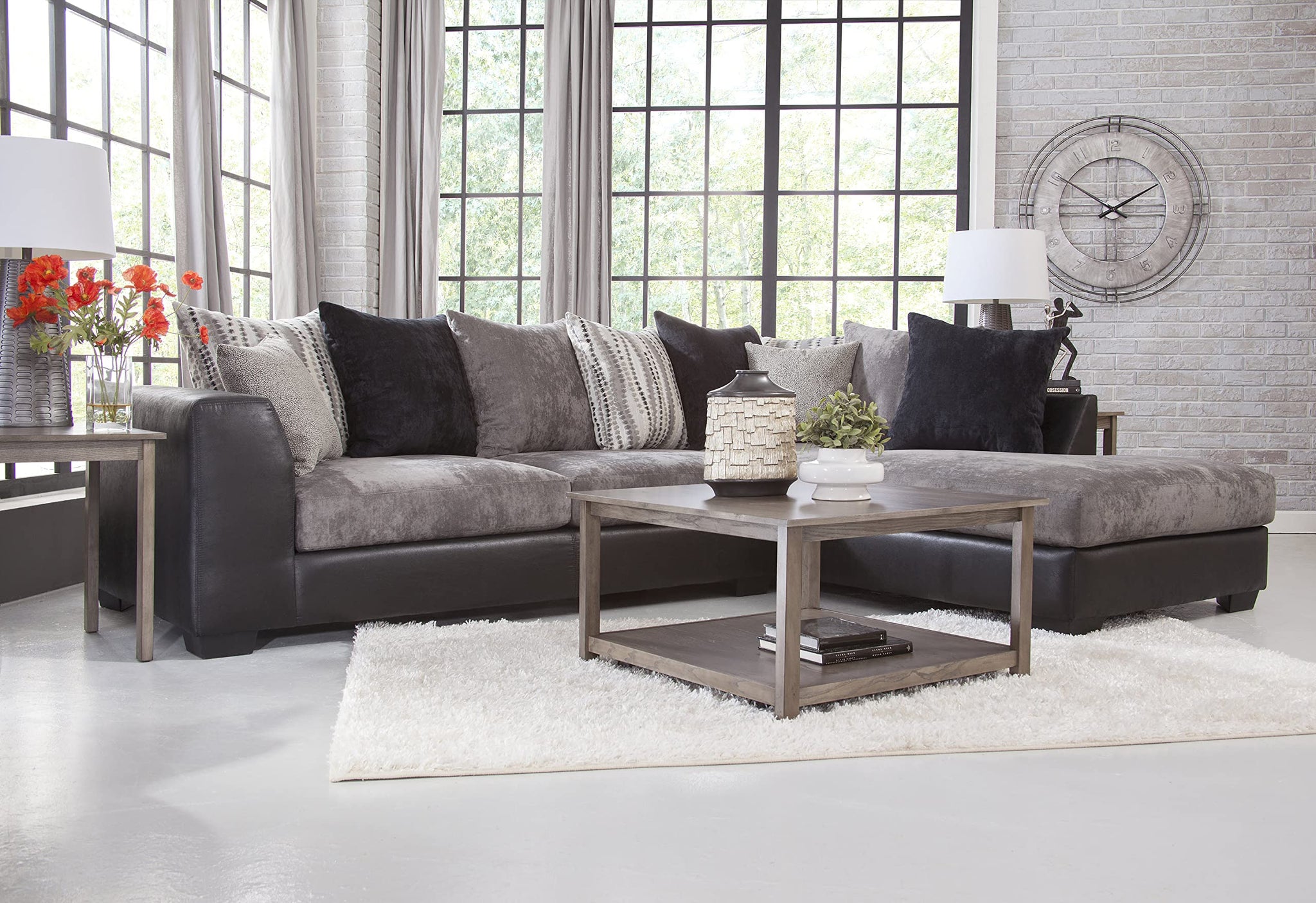 American Furniture Classics Model 8-A317-K Casual Comfort Series Charcoal And Black L Shaped Sectional Sofa With 8 Back Pillows And 2 Accent Pillows