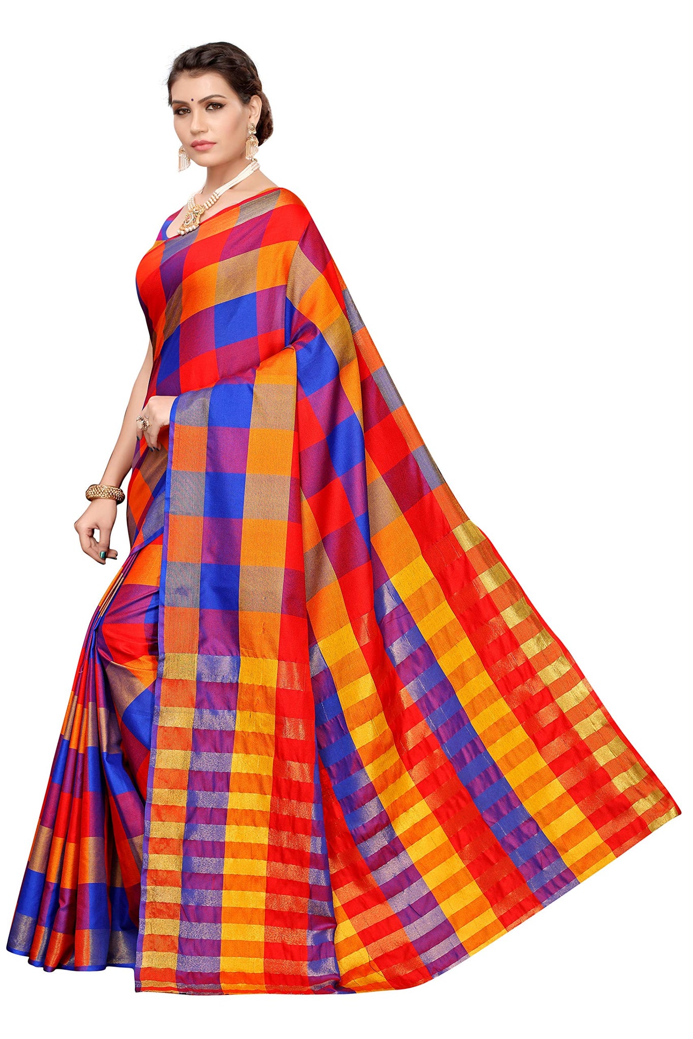 Anni Designer Women'S Multicolor Cotton Blend Checks Print Saree With Blouse Piece(Stuti 03_Free Size),Multicolour,Free,Cotton Blend,with blouse piece,saree