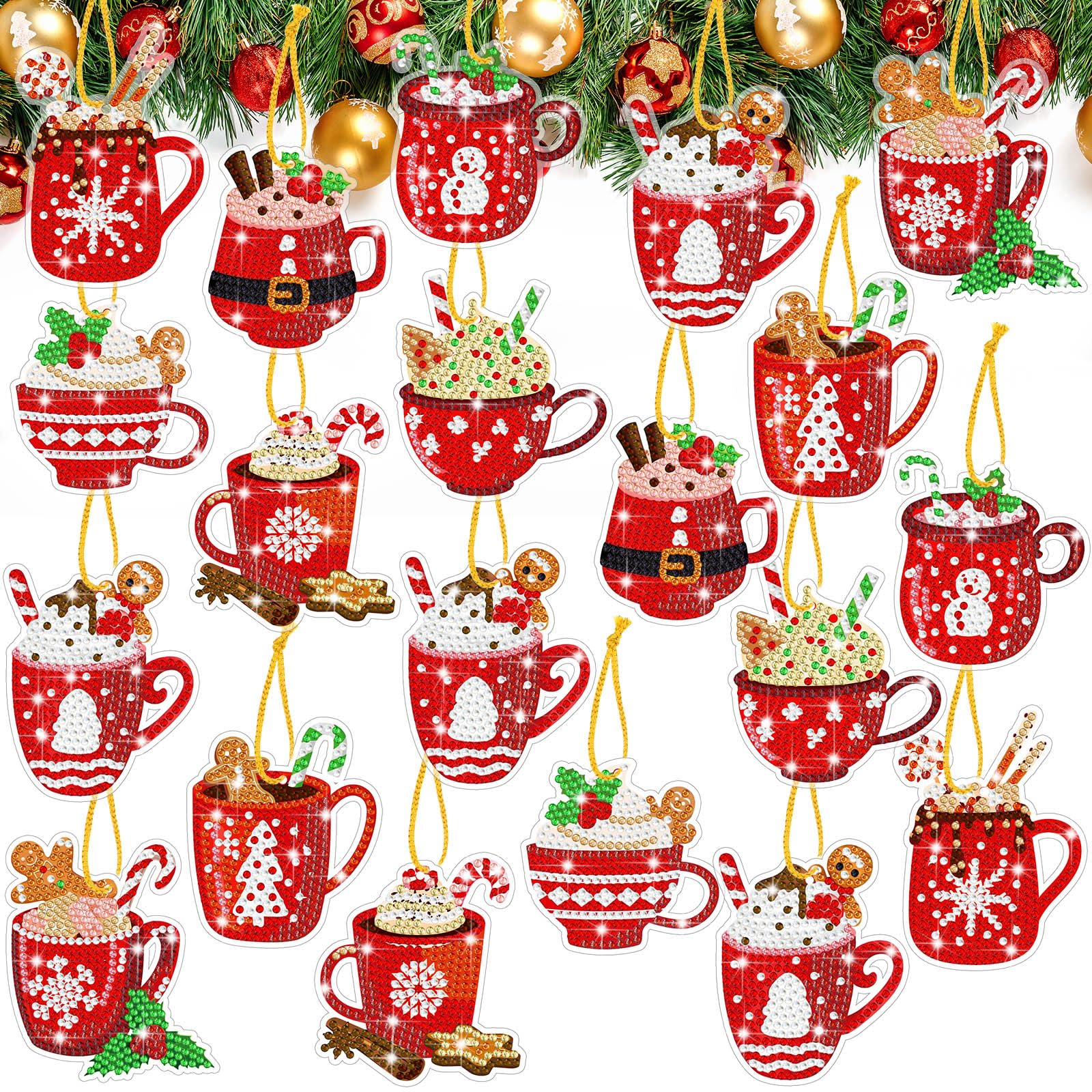 Skylety 20 Pcs Christmas Diamond Art Ornaments Kit Cute Hot Cocoa 5d Diamond Painting Ornaments Tag DIY Xmas Rhinestone Art Keyc